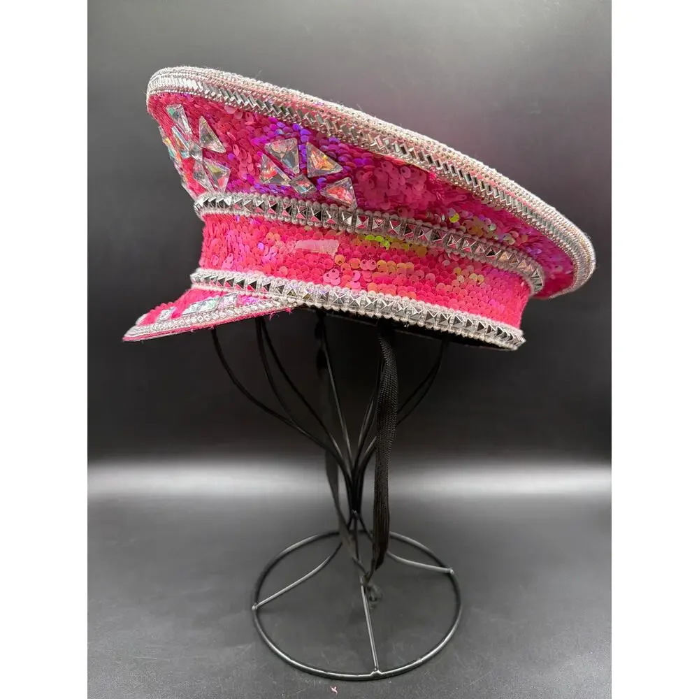 Pink Sequin Rhinestone Captain Hat Jeweled Festival Rave Burning Man Military